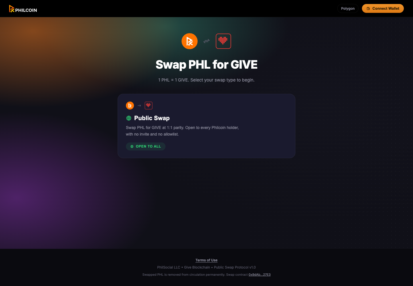 Actual GIVE Swap public entry screen, showing the PHL to GIVE conversion product.
